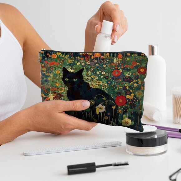 Black Cat Floral Cosmetic Bag Pouch - Makeup Bag for Women, Cat Lover Gift, Mom - Picture 4 of 6